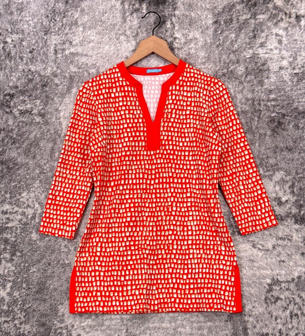 J McLaughlin Top XS Womens Catalina Cloth Red Geometric Square Split Neck Tunic